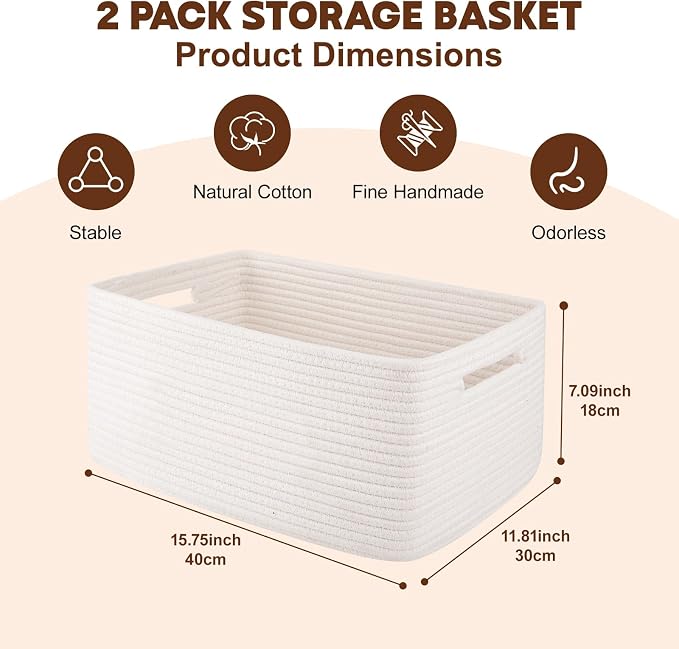 OIAHOMY Storage Basket for Shelves, Closet Cube Storage Bins Baskets for Clothes Blanket Towels, Baby Nursery, Toy Baskets Box, Woven Rope Basket, 15.75 * 11.81 * 7.09 IN, 2 Packs White