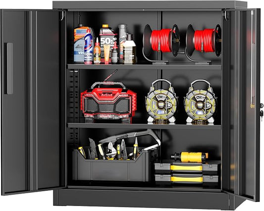 Greenvelly Metal Storage Cabinet, 36" Locking Storage Cabinet with Doors and Shelves, Lockable Storage Cabinets for Home Office, Utility Locker Cabinet, Steel Garage Cabinet with 2 Keys, Black