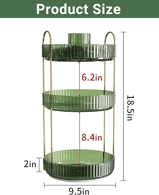 Asayuee 360 Rotating Makeup Organizer,3 Tier Large Capacity Make Up Organizers and Storage,Skincare Perfume Vanity Organizers,Bathroom Cosmetics Storage Organizer Countertop (Green)