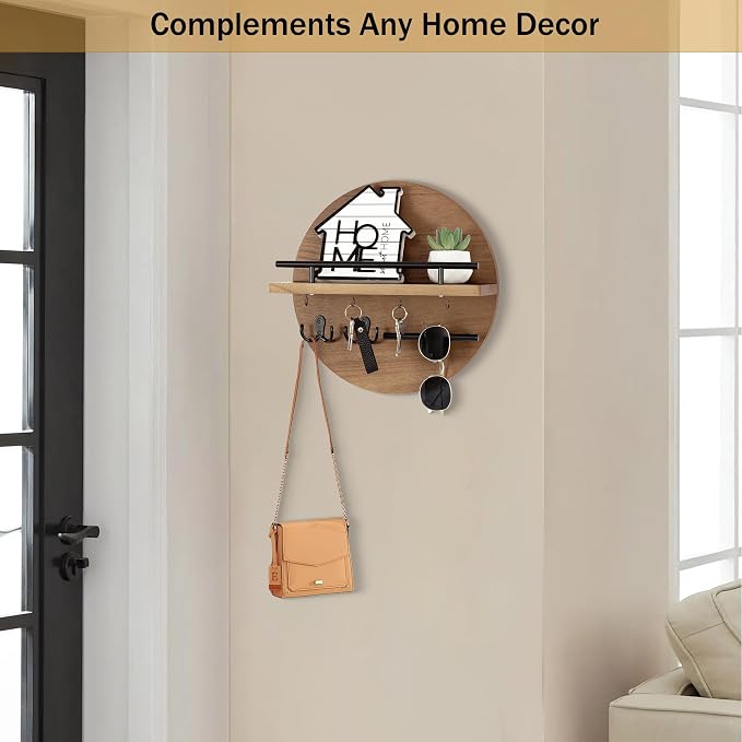 dreampossible Key Holder for Wall Decorative with Shelf and Hooks, Mail Organizer Wall Mount with Sunglasses Holder, Circular Design Entryway Key Rack Hanger, Rustic Home Decor
