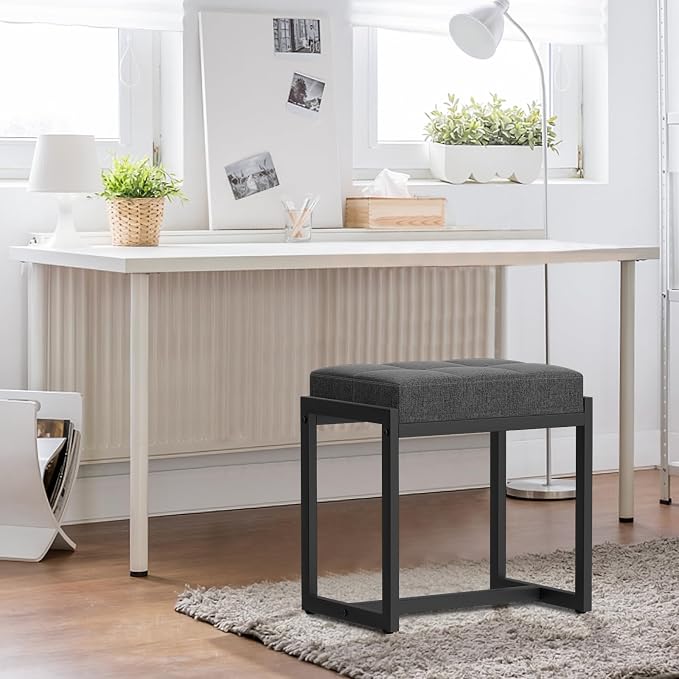 Vanity Stool, Vanity Chair Stools for Makeup Room, Square Linen Makeup Stool for Vanity, Modern Padded Vanity Bench Small Ottoman Foot Rest Stool for Bedroom Living Room, Dark Grey & Black