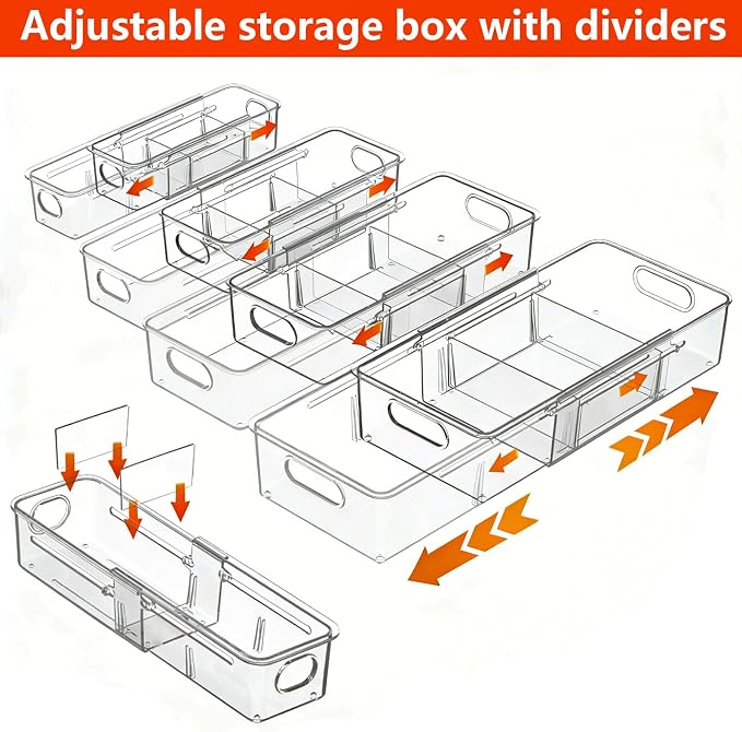 REBECAT 4 Pcs Expandable Clear Drawer Organizers, Adjustable Drawer Organizer Bins with Dividers, makeup organizer for drawer, drawer organizer bathroom for Vanity, Junk Drawer & Office