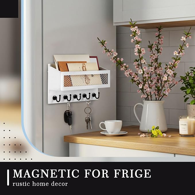 Colingmill Magnetic Mail and Key Holder for Wall Fridge Wooden Mail Organizer with 5 Key Hooks for Home Bedroom Fridge Kitchen Decorative (White)