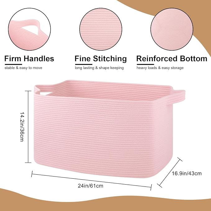 OIASKET 95L Extra Large Blanket Basket, 24" x 16.9" x 14.2" Woven Storage Basket for Living Room, Rectangle Nursery Blanket Storage for Toys, Towels, Dirty Clothes (Pink)
