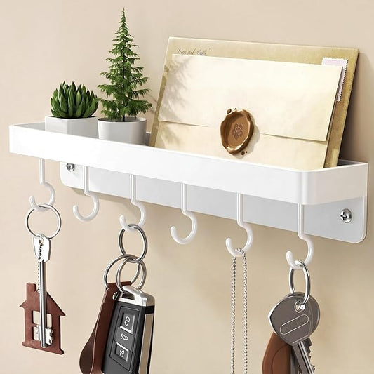 niffgaff White Key Holder Wall Mount, Stainless Steel Self Adhesive Hooks Rack with Shelf, No Drill Key Hanger for Door and Wall