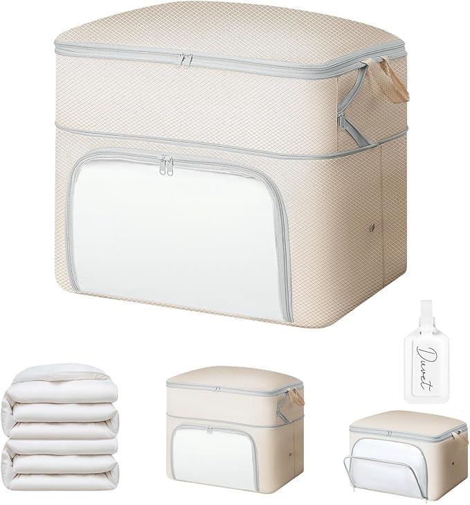 Comforter Storage Bag - Large Capacity Blanket Storage Bags Front-opening Ultra Space Saving Self Compression Organizer, Washable Compression Bags for Storage Comforter Blanket, 1 Pack, Beige