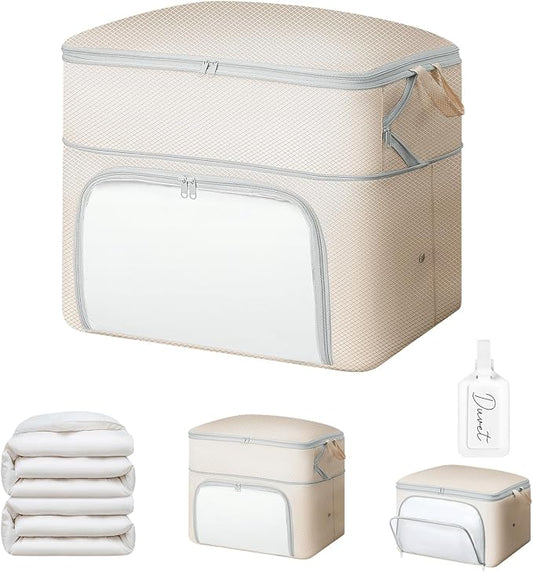 Comforter Storage Bag - Large Capacity Blanket Storage Bags Front-opening Ultra Space Saving Self Compression Organizer, Washable Compression Bags for Storage Comforter Blanket, 1 Pack, Beige