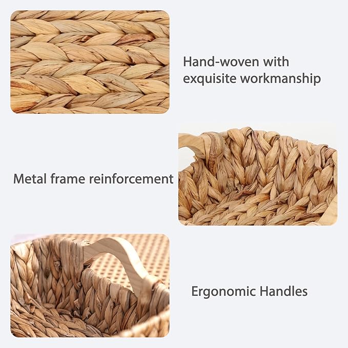 Square Small Water Hyacinth Wicker Basket for Organizing | Decor Woven Storage with Wooden Handles, Perfect for Shelves, Snack, Countertops or as Gift Basket