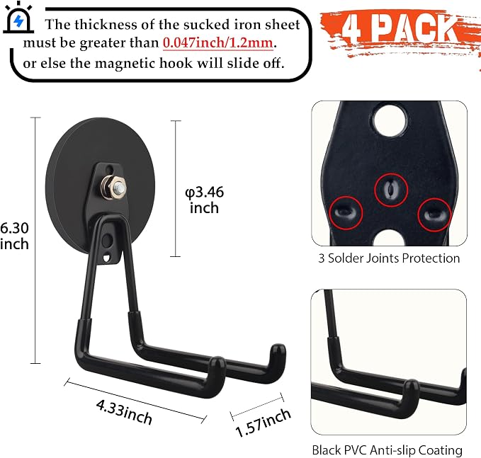 ULIBERMAGNET Strong Magnetic Hooks,Large Magnet with Hooks for Heavy Duty Tools,Jig Saw,Hose, 4 Pack Heavy Duty Magnetic Hooks for Hammer Drill,Circular Saw,Garden Tool(3.46inch/Black)