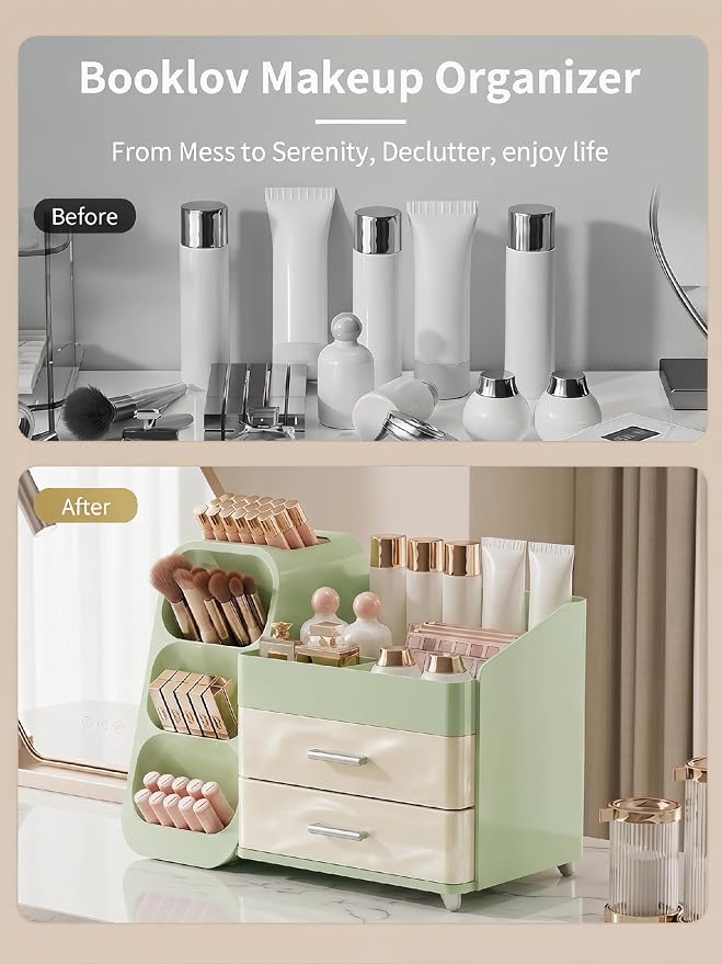 Booklov Large Makeup Organizer for Vanity Countertop, Green Cream | Plastic Cosmetic Display Case with Drawers, Beauty Brush Holder for Bathroom Counter, Skin Care Perfumes Storage
