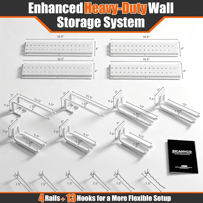 Garage Tool Organizer Wall Mount 66 inches with 13 Adjustable Heavy-Duty Hooks, Garage Organization, Garden Tool Storage Rack for Garage,Yard,Shed, Holds Up to 520 lbs,White