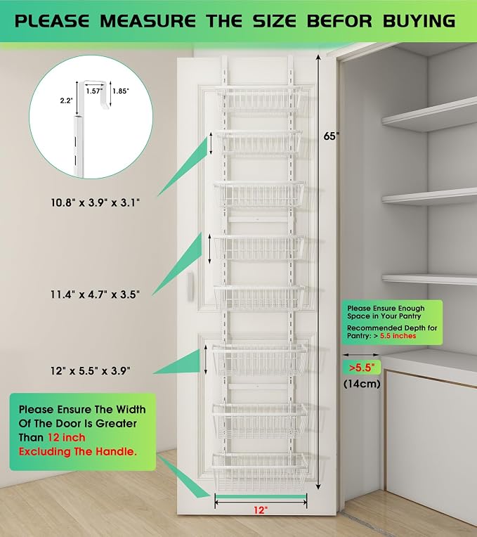 Mefirt White 12 Inch Wide Narrow Over The Door Pantry Organizer | Pantry Hanging Organizers and Storage, Adjustable Heavy-Duty Metal for Home & Kitchen, Back of Door Seasoning Rack