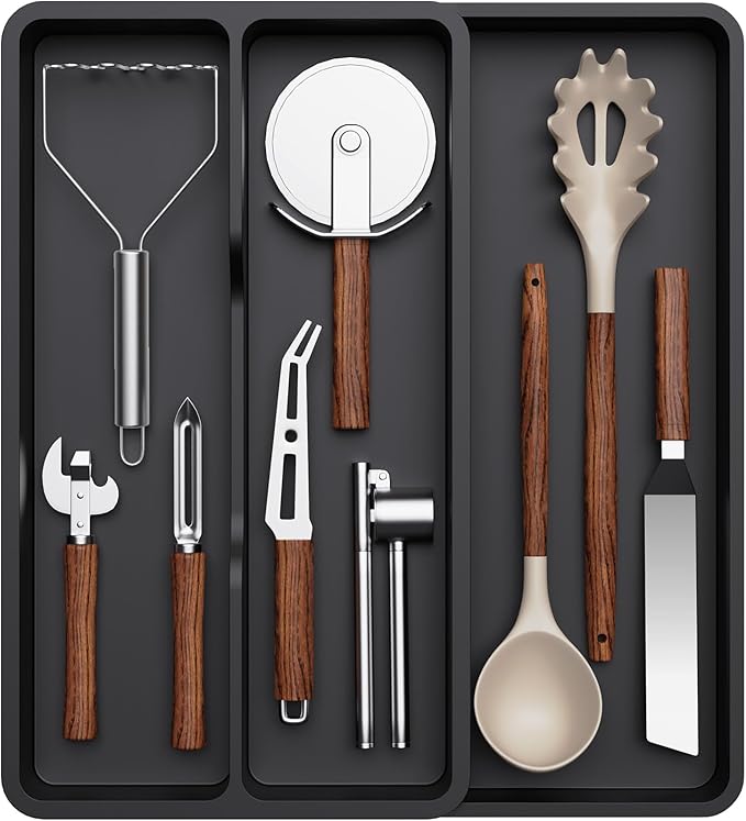 Lifewit Utensil Organizer for Kitchen Drawer, Expandable Cooking Silverware Tray, Adjustable Cutlery Flatware Holder, Plastic Spatula Tools Storage Divider, 14.4 x 15.8", Black