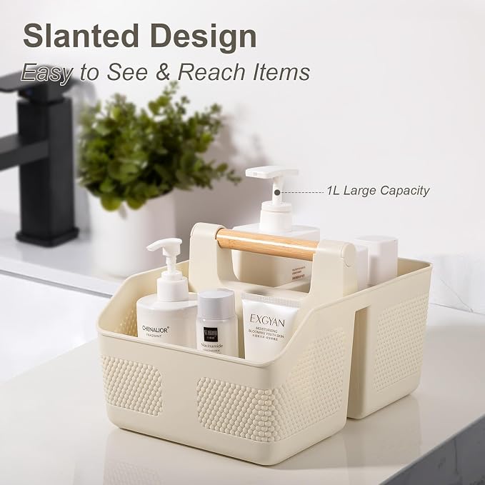 Plastic Shower Caddy Portable Shower Basket with Bamboo Handle, Cream | Cleaning Caddy Organizer Storage Tote for Bathroom, College Dorm Essentials, Bath Toy Storage