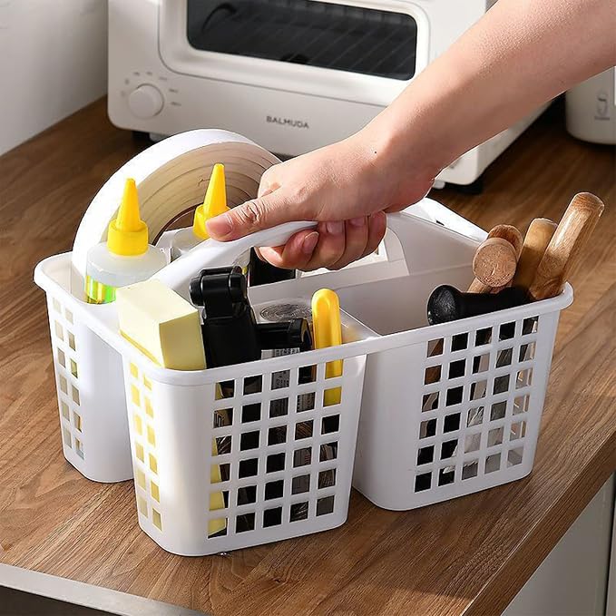 Portable Shower Caddy Basket Plastic Storage Basket with Compartments White | Sturdy Large Capacity Cleaning Supplies Organizer Divided Tool Bin for Bathroom Kitchen Bedroom College Dorm Essentials
