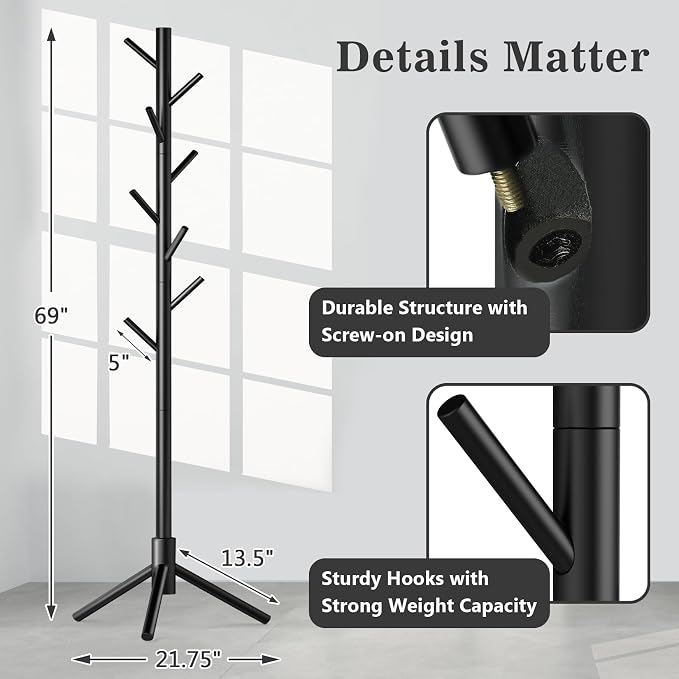 Wooden Coat Rack Freestanding with 8 Hooks,Easy Assembly New Zealand Pine Tree Coat Racks, 3 Adjustable Sizes for Clothes, Hats, Bags, for Entryway, Hallway, Bedroom, Office (Black, 2 PCS)