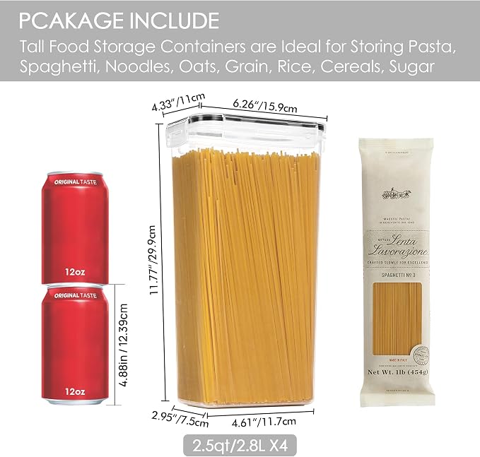 Vtopmart Airtight Food Storage Containers, 4 Pack, 2.8L, Black | Airtight BPA-Free Containers, Pasta Flour & Sugar Storage, Food Preservation, Lidded Canisters, Organized Pantry Storage