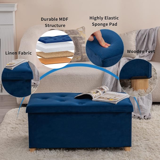 BRIAN & DANY 30 Inches Folding Storage Ottoman Bench, Ottoman with Storage for Living Room, with Wooden Feet and Lid, Blue