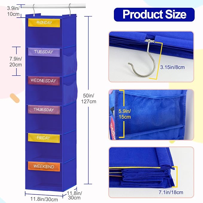 Weekly Clothes Organizer for Kids, 6-Shelf Hanging Closet Organizer with Colorful Labels, Space Saving Design with 2 Pockets, Daily Hanging Closet Shelves for Kids Room Storage, Blue