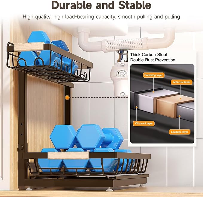 Sevenblue 2-Pack 2-Tier Height Adjustable Under Sink Organizer & Storage | Multi-purpose storage for kitchen & bathroom cabinet. Extra Large brown shelf, height adjustable design for space-saving.