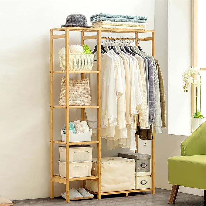 Jotsport Bamboo Clothing Rack with 6 Tier Storage Shelf & Hanging Rod | Portable Clothes Organizer Open Wardrobe Closet for Guest Room Kids Baby Bedroom Entryway