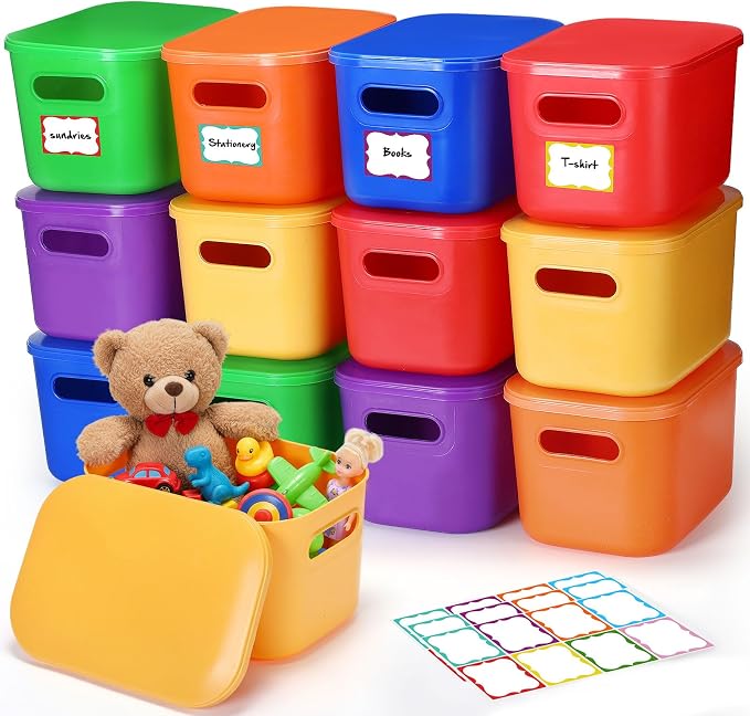 Thyle 6 Pack Colorful Plastic Storage Bins with Lids 7 Quart Vibrant Colored Toy Storage Box Stackable Nestable Organizer Box with Handle and Label for Classroom Shelf Bedroom Desktop School Supplies
