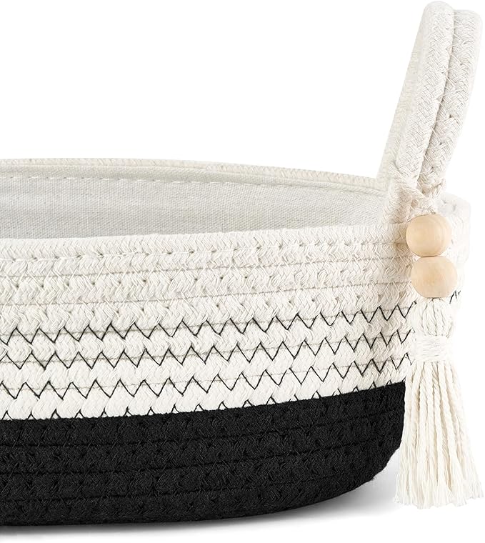 Mkono Toilet Paper Basket, Boho Bathroom Decor, Small Storage Organizer | Black and White, 15.7"L x 6"W, Back of Toilet Basket, Decorative Woven Tray with Handles, Space-Saving, Living Room Bedroom