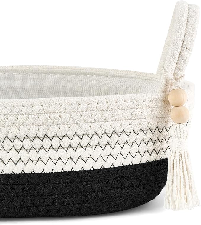 Mkono Toilet Paper Basket, Boho Bathroom Decor, Small Storage Organizer | Black and White, 13"L x 6"W, Back of Toilet Basket, Decorative Woven Tray with Handles, Space-Saving, Living Room Bedroom