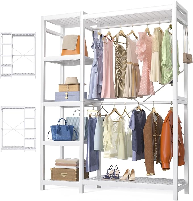 Bamboo Clothes Rack Garment Rack for Hanging Clothes, Heavy Duty Clothing Rack with 7 Tiers Adjustable Shelves, Double Rods, 4 Hooks, Freestanding Closet System Organizer Wardrobe, White