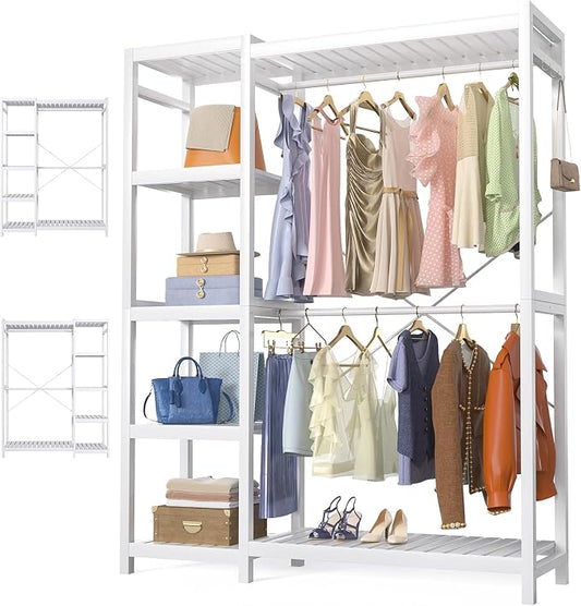 Bamboo Clothes Rack Garment Rack for Hanging Clothes, Heavy Duty Clothing Rack with 7 Tiers Adjustable Shelves, Double Rods, 4 Hooks, Freestanding Closet System Organizer Wardrobe, White