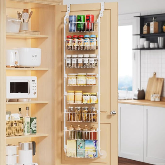 Delamu Narrow Over The Door Pantry Organizer, 8-Tier Metal Pantry Door Organization and Storage for Easy Install, Hanging Spice Rack Shelves, Door Organizer for Kitchen, 4.65"D x 13"W x 65"H, White