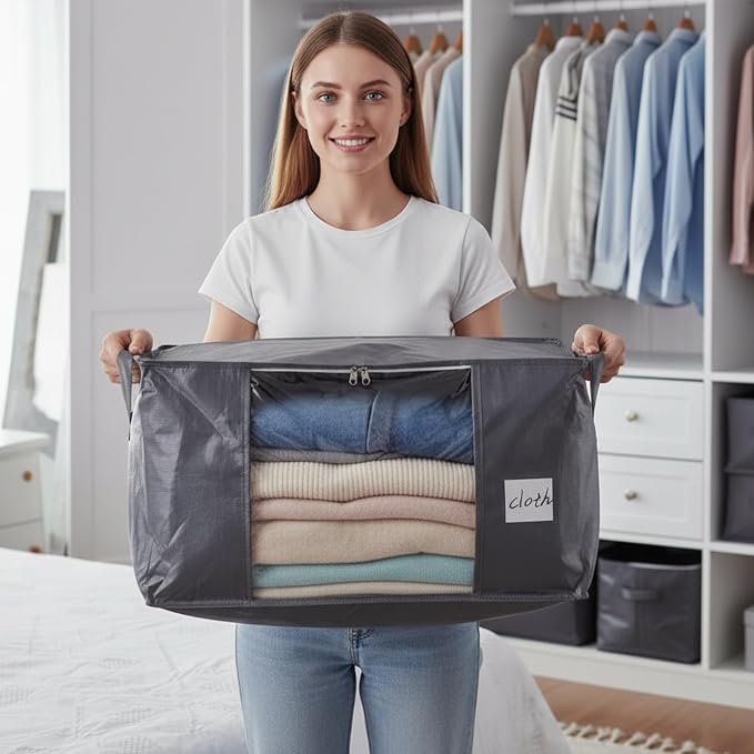 Blanket Storage Bags 6 Pack 90L Clothes Closet Organizer Containers PE | High-Strength PE, Reinforced Handle, Dual-Slider Zipper, Clear Window and Label Pocket, Ventilated Foldable Design