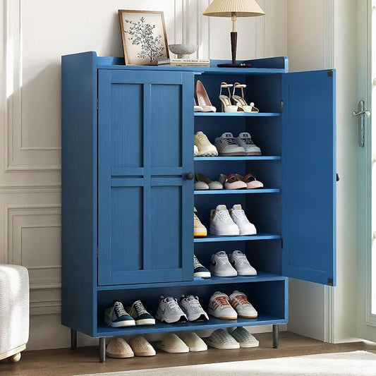 ComfyCorner Blue 7+1 Tier Farmhouse Shoe Storage Cabinet - 45" Tall Entryway Organizer with Cross Molding Doors, 3 Adjustable Shelves & Metal Legs, Shoe Rack for Front Door Entrance