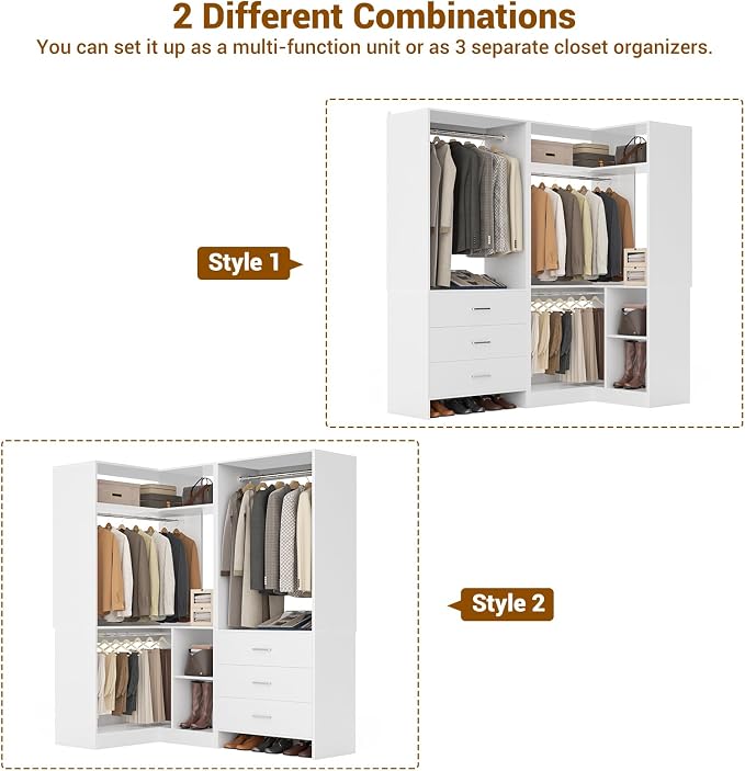 Aheaplus Closet System with 3 Drawers, 2 Hanging Rods & Corner Tower, Corner Closets System with Hanging, L-Shaped Walk-In Wardrobe Organizer, 1300+ lbs Capacity, Set of 2, White
