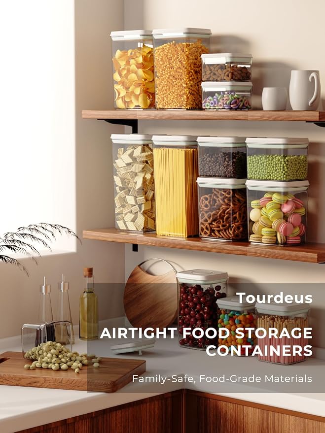 Pop Top Food Storage Containers, 0.5 Qt & 1.5 Qt Airtight Jars | Clear Stackable Kitchen Jars for Oats, Coffee, Sugar, Nuts and Snacks, Designed for Breakfast Stations and Small Cabinets