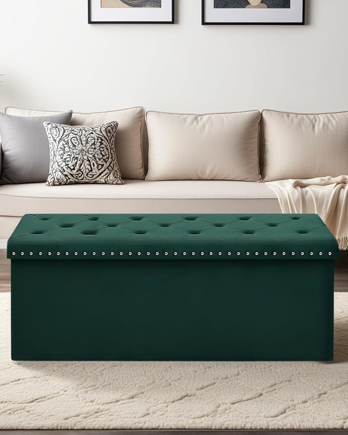 Velvet Storage Ottoman Bench, 43.3" Upholstered Tufted Ottoman with Storage, Folding Footrest Bench for Bedroom, Living Room, or Entryway, Holds up to 660 LBS,Green