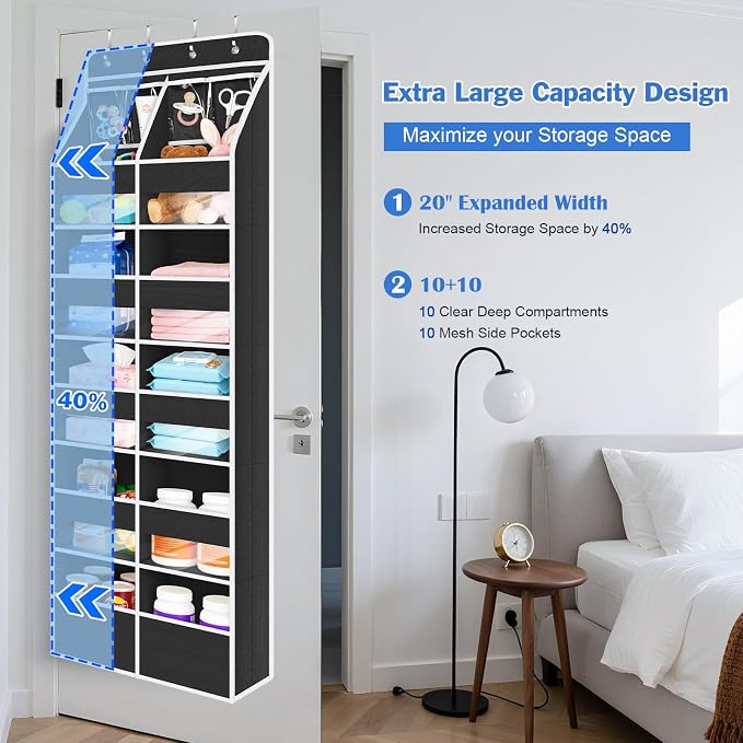 Univivi Upgraded Over the Door Organizer for Baby Nursery, Black, 6-Shelf | Fabric Door Organizer with Clear Window Deep Pockets, Over Door Hanging Organizer for Baby Essential, Bedroom, and Dorm