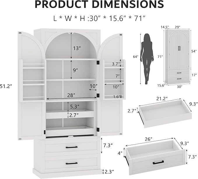 iPormis 71" Tall Kitchen Pantry Storage Cabinet w/Door and Adjustable Shelf & Large Drawers, Freestanding Kitchen Cupboard for Dining Room/Living Room, White