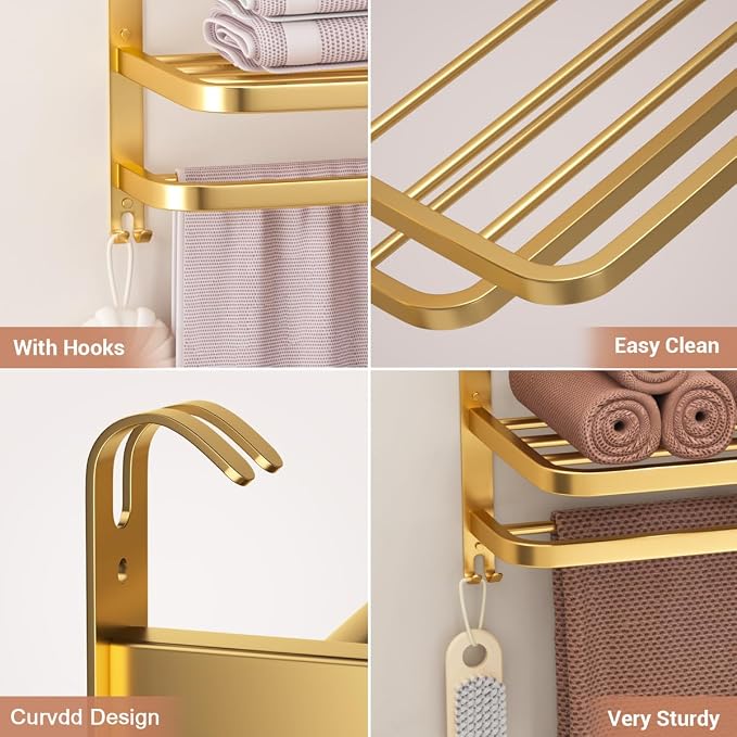 23 Inch 3-Tier Gold Towel Racks for Bathroom with Towel Bars Multilayer Hotel Towel Shelf Stainless Steel Wall-Mounted Brushed Finish Holder with Towel Shelves