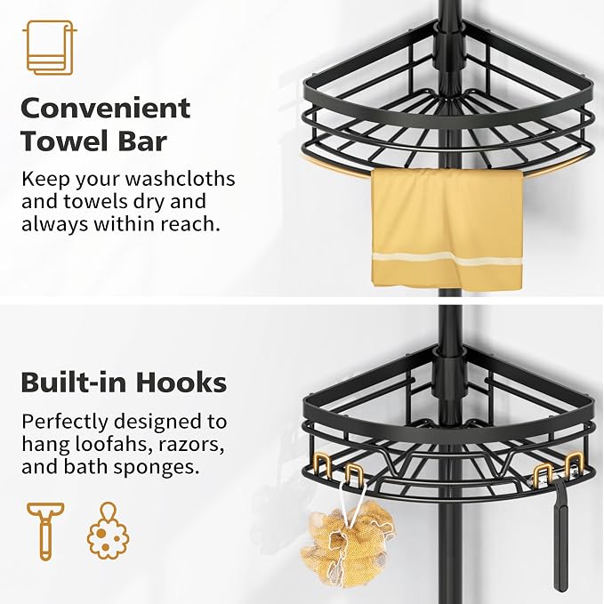 DAOYA Tension Pole Shower Caddy with Towel Bar - Corner Shower Caddy, Black | Tension Rod Shower Caddy, 4-Tier, 12 Side Hooks, Adjustable, Floor to Ceiling 25-114 Inch, For Bathroom Bathtub Living Room
