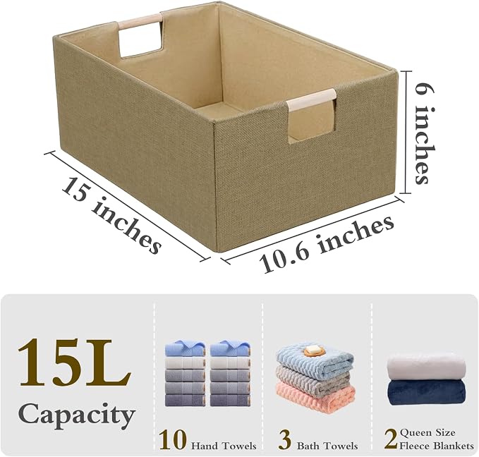 Foldable Fabric Storage Baskets Set of 2 for Shelves, Linen Decorative Storage Bins with Wooden Handles, Small Organizer Cubes for Closet, Rectangle Canvas Boxes for Organizing, Decor (Brown 2 Pack)