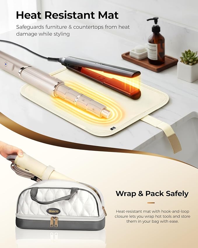 Mancro Carrying Case for Shark FlexStyle, Quilted Hair Tools Travel Bag | with Heat-Resistant Mat, Travel Case for Dyson Airwrap & Shark FlexFusion, Hair Dryer Organizer for Women, Ivory Gray