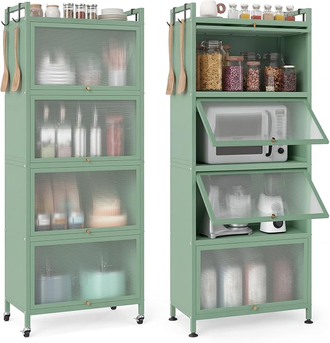 Giantex 5-Tier Kitchen Storage Cabinet, Freestanding Metal Pantry Cabinet w/ 4 Flip-up PC Doors, 4 Hooks & Adjustable Feet, 60” Tall Bakers Rack Microwave Stand for Dining Room, Living Room, Green