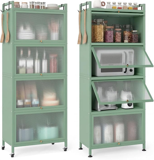 Giantex 5-Tier Kitchen Storage Cabinet, Freestanding Metal Pantry Cabinet w/ 4 Flip-up PC Doors, 4 Hooks & Adjustable Feet, 60” Tall Bakers Rack Microwave Stand for Dining Room, Living Room, Green