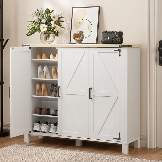 5-Tier Shoe Storage Cabinet, Farmhouse Shoe Rack Organizer Cabinet with 4 Adjustable Shelves & Side Cabinets, Freestanding Shoe Cabinet Storage with Anti-tip Fitting for Entryway, 47.3L×13.7W×40.7H