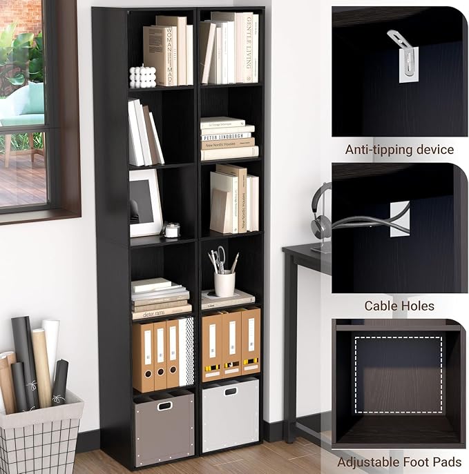 5 Cube Storage Organizer, Narrow Open Shelf Bookcase, Freestanding Low Display Bookshelf with Eco-Friendly Melamine Surface for Home Office, Bedroom, Living Room, Study, Black