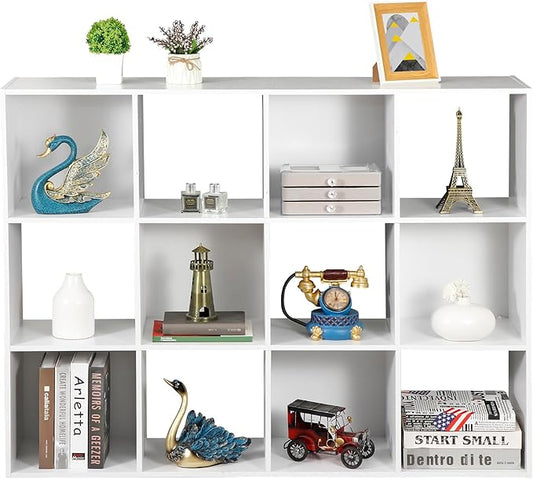 ZenStyle 12 Cube Storage Organizer, Freestanding Bookcase Bookshelf, Modern Multipurpose Display Cabinet for Living Room, Study, Reading Nook, Closet, Bathroom, Office, White