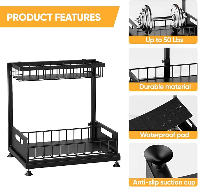 Saydear L-Shaped Under Sink Organizer, 2-Tier Pull-out Cabinet Rack 1-Pack | Black Height-Adjustable Steel Rack, Sliding Grid Drawers with PP Liners, Holds 100 Lbs, Suction Base, Ideal Kitchen Storage