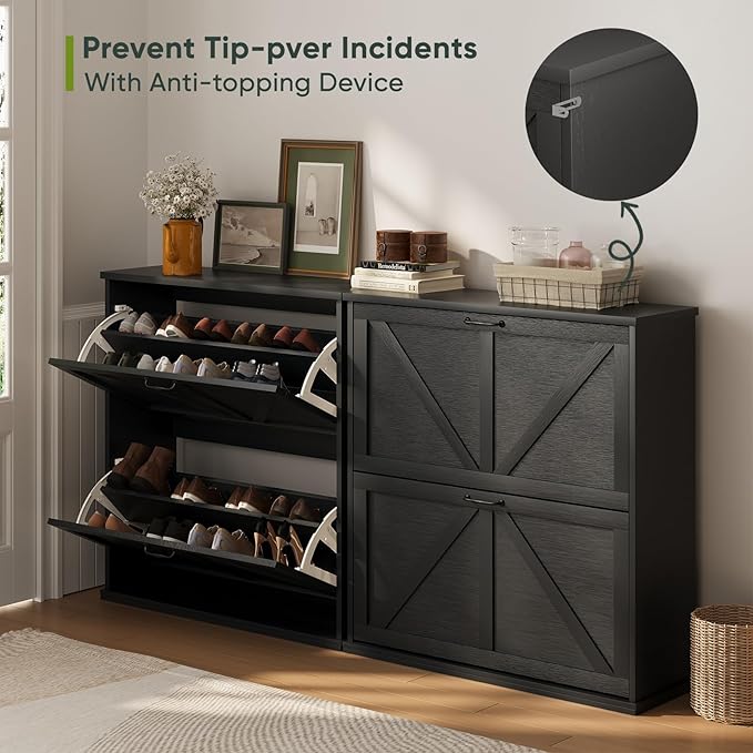 Smart FENDEE Shoe Cabinet, Shoe Storage Cabinet for Entryway with 2 Flip Drawers, Narrow Farmhouse Shoe Organizer Cabinet, Slim Shoe Rack Cabinet, 31.5in Black