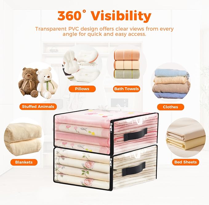 SpaceWhisper Clear Sheet Storage Bags, 8 Pack, 17.7 x 15.7 x 7.9 in | Sheet organizers and storage, zippered closure, thick plastic, reinforced handles, clothes, blankets, under-bed storage